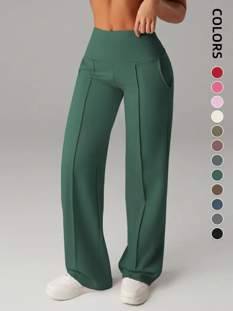 Pantalones de mujer de tiro medio, cintura elástica y pernera ancha; estilo deportivo casual, cómodos bolsillos laterales; prenda versátil para primavera y otoño; ideales para el día a día; moda femenina.